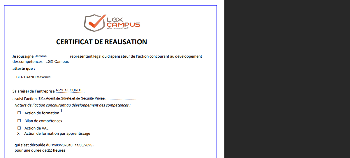 Certification de réalisation